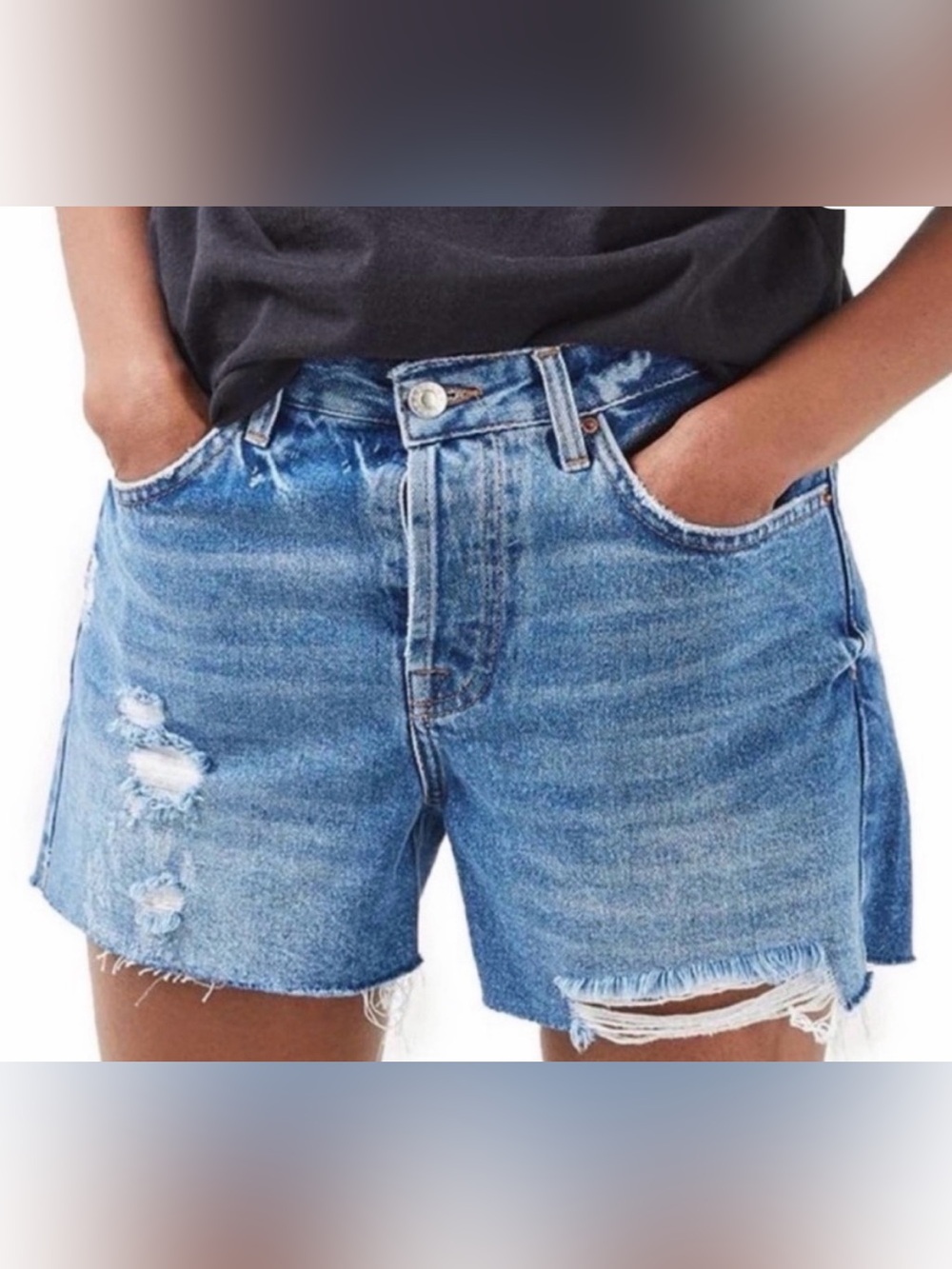 Topshop moto Ashley mid rise denim jean distressed shorts size 6